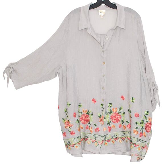 Fig & Flower Top Y2K Boho Cottage Coastal Grandma Gauze Floral Button Up Gray 3X - Picture 7 of 7
